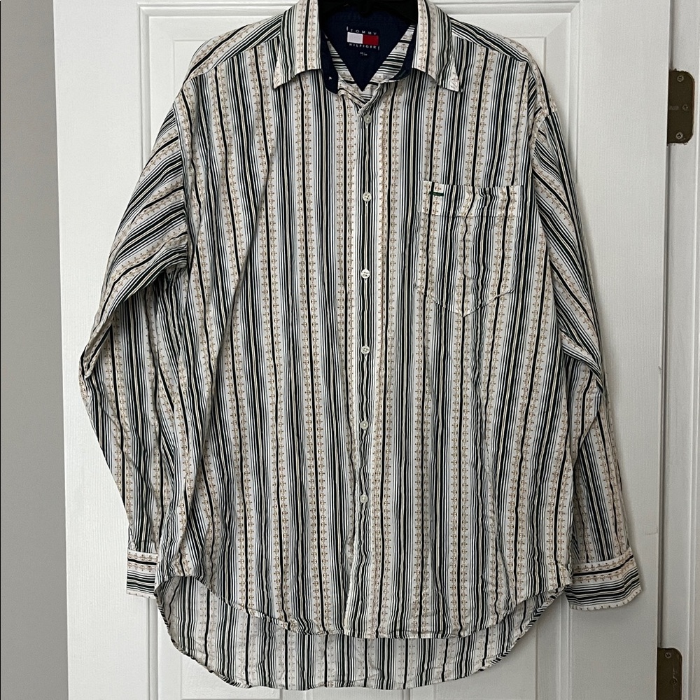 Tommy Hilfiger men's retro striped long-sleeve cotton button-down shirt